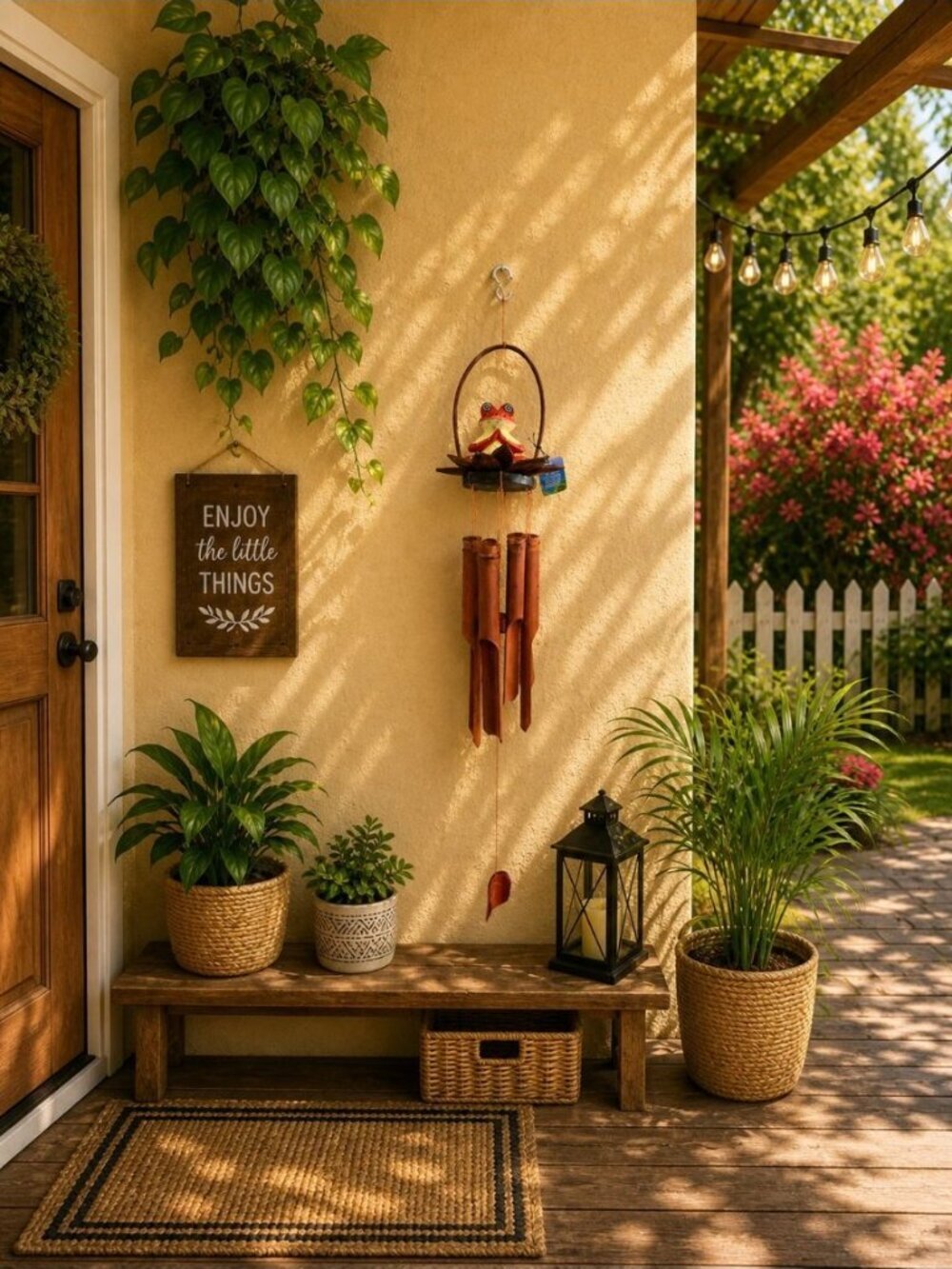 New Meditating Frog Bamboo Wind Chime Hanging Outdoor Patio Garden Decor Wood